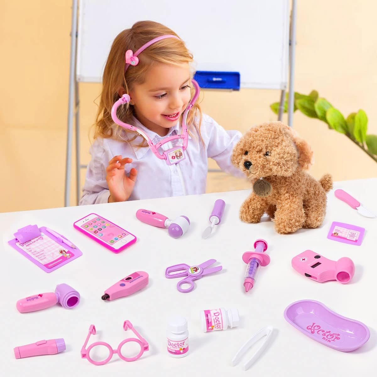 Meland Doctor Kit Kids, Kids Doctors Play Set with Dog Toy & Doctor Costume, Pretend Play Pet Vet Toys for Aged 3 4 5 6 Years Old Girls