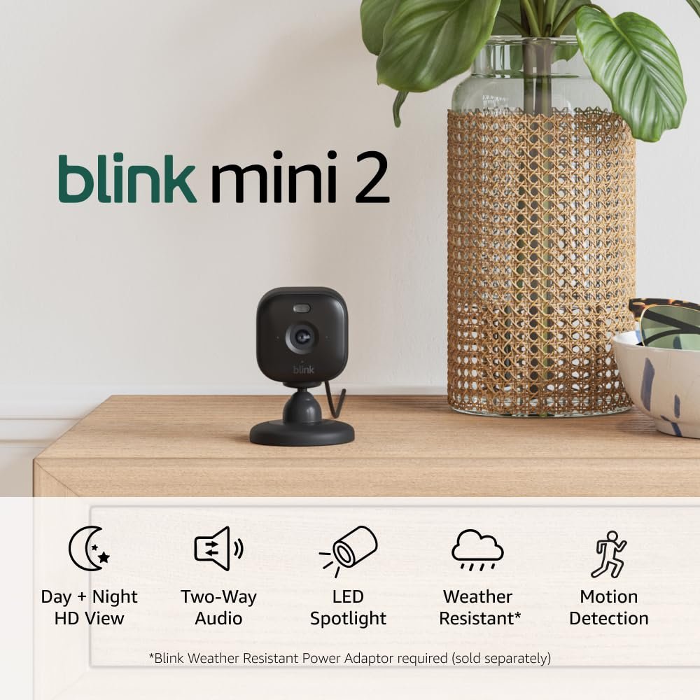 Introducing Blink Mini 2 â€” Plug-in smart home security camera, motion detection, HD night view in colour, built-in spotlight, two-way audio, Works with Alexa â€” 2 Cameras (Black)