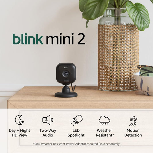 Introducing Blink Mini 2 â€” Plug-in smart home security camera, motion detection, HD night view in colour, built-in spotlight, two-way audio, Works with Alexa â€” 2 Cameras (Black)