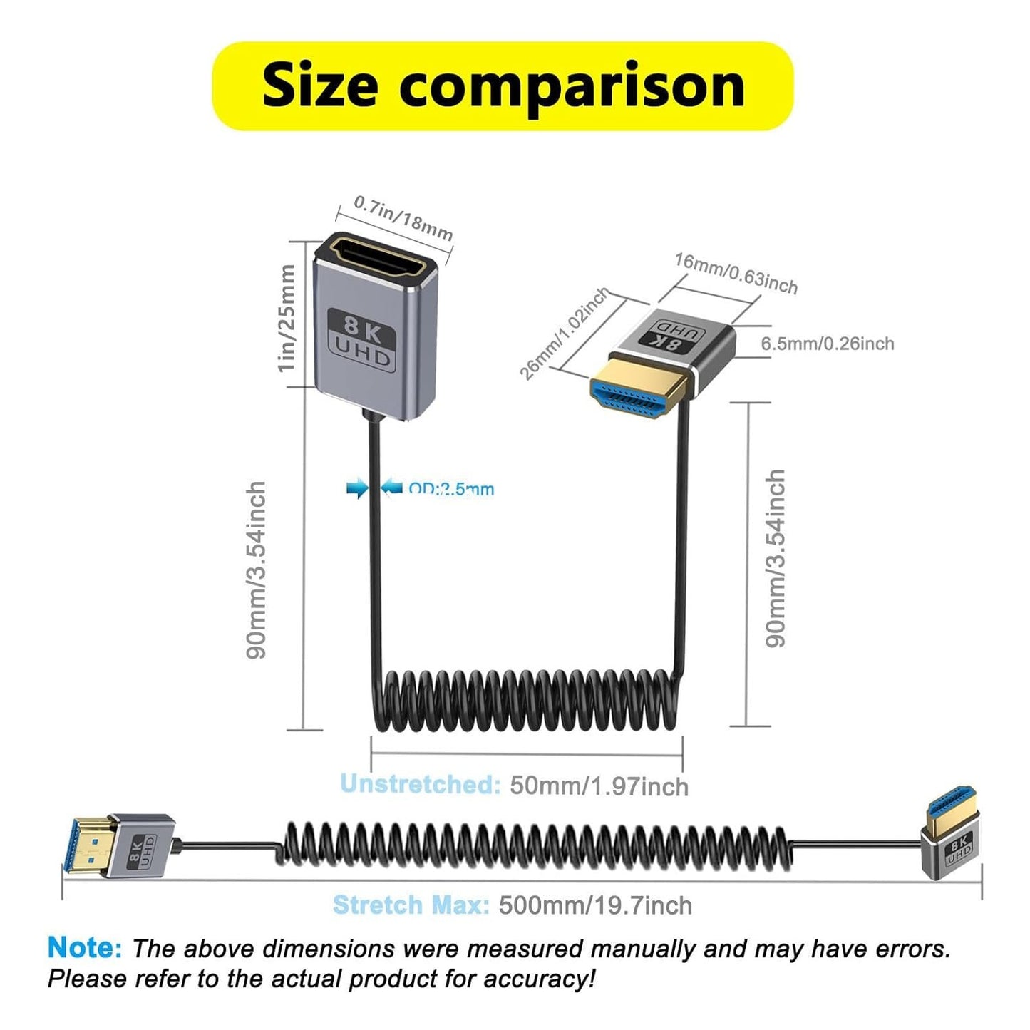 QMQJIA 8K Video Cord 2.1 Version Coiled Extension Cable 1080P 60Hz 48Gbps for 1080p Video Streaming Line Extension Line
