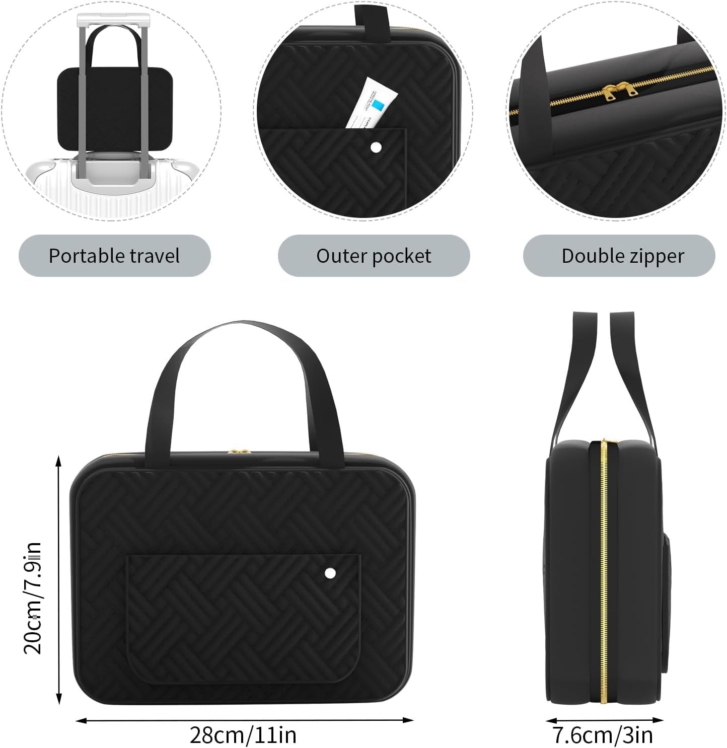 Hanging Travel Toiletry Bag with Hook, 4 Sections Toiletry Bag Travel Bag Water-Resistant Travel Cosmetic Bag Foldable Hygiene Bag for Toiletries, Cosmetics, Makeup, Brushes, Shower (Black)