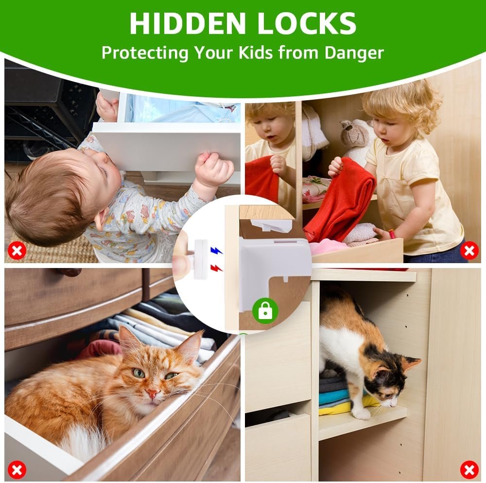 AUTOWT 12 Pack Magnetic Cabinet Locks for Kids - Child Safety Latches - Baby Proofing Cabinets and Drawer Locks for Kitchen Cupboard with 3M Adhesive - Easy Installation No Drilling & No Tools Required