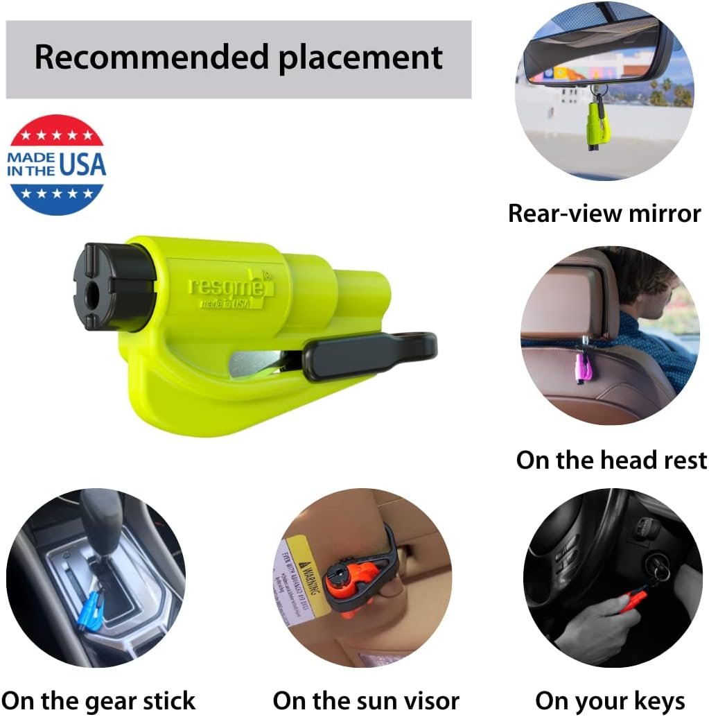 Resqme Accessory Pack The Original Emergency Keychain Car Escape Tool, 2-in-1 Seatbelt Cutter and Window Breaker, Made in USA With Visor Clip, Lanyard, Keyring and Cable Tie - Blue, Orange, Yellow