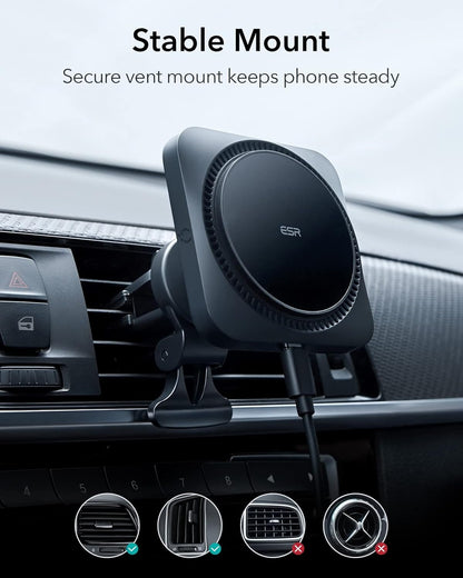 ESR for MagSafe Car Mount Charger with CryoBoost, Magnetic Wireless Car Charger Compatible with MagSafe Car Charger, for iPhone 16/15/14/13/12, S25, Fast Phone Cooling Charger Set, 36W QC 3.0 Adapter