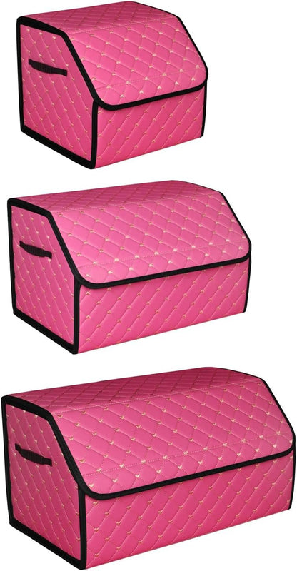 car organizers and storage for SUV,trunk organizer for sedan, leather foldable sleek box with lid,collapsible cargo bins, tool accessories containers,Pink women (17.71 inch)