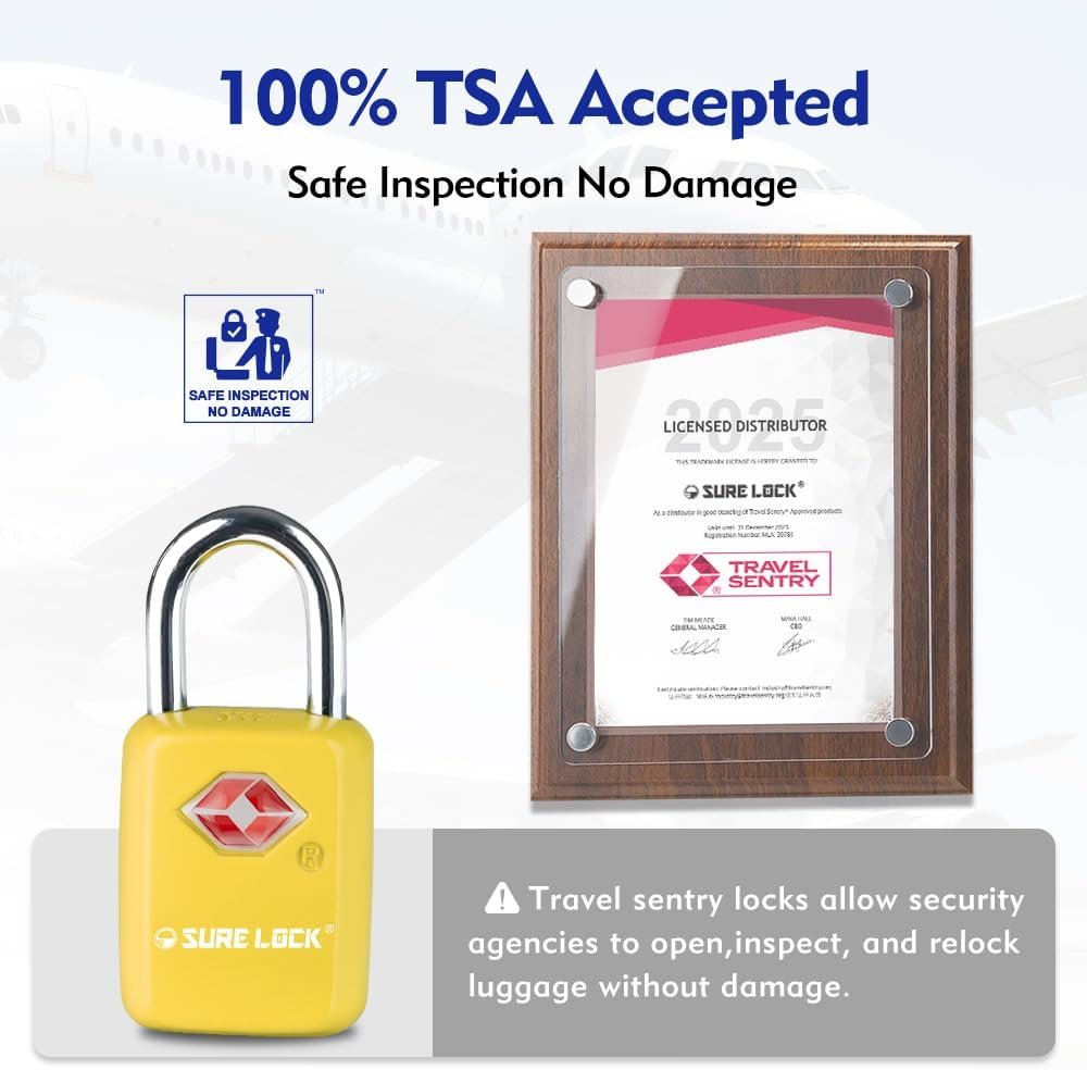 SURE LOCK TSA Approved Luggage Locks - One Key Opens All, Compact & Durable Zinc Alloy Travel Lock with Steel Shackle, Keyed Alike (Yellow 4 Locks, Mini Size for Suitcase/Backpack/Gym Locker)