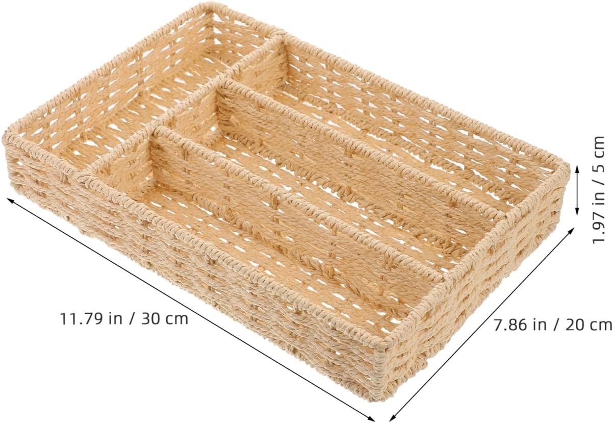 IMIKEYA Woven Silverware Storage Basket With 4 Compartments Wicker Flatware Organizer Kitchen Cutlery Utensil Serving Tray 30x20cm Fork Spoon Holder