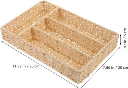 IMIKEYA Woven Silverware Storage Basket With 4 Compartments Wicker Flatware Organizer Kitchen Cutlery Utensil Serving Tray 30x20cm Fork Spoon Holder