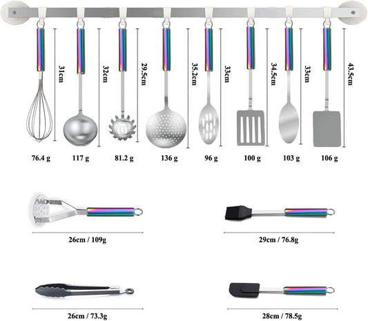HOMQUEN Stainless Steel Kitchen Utensils Set, 12-Piece Kitchen Utensils, Kitchen Gadgets Set of Cookware, Best Gift Set of Kitchen Utensils (Coloured Handle)