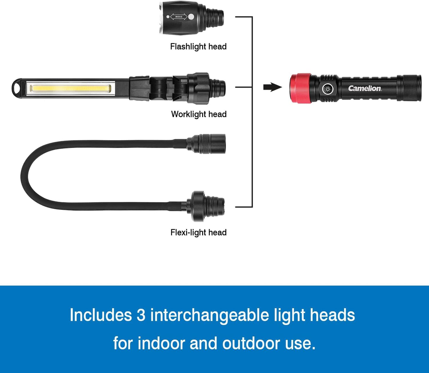 Camelion 3-in-1 LED Flashlight Kit - Rechargeable Flashlight, Work Light, and Flexible Light. Interchangeable Heads, 600 lm, 5 Light Modes, Magnetic Base, Waterproof, for Home, Outdoor, and Emergency