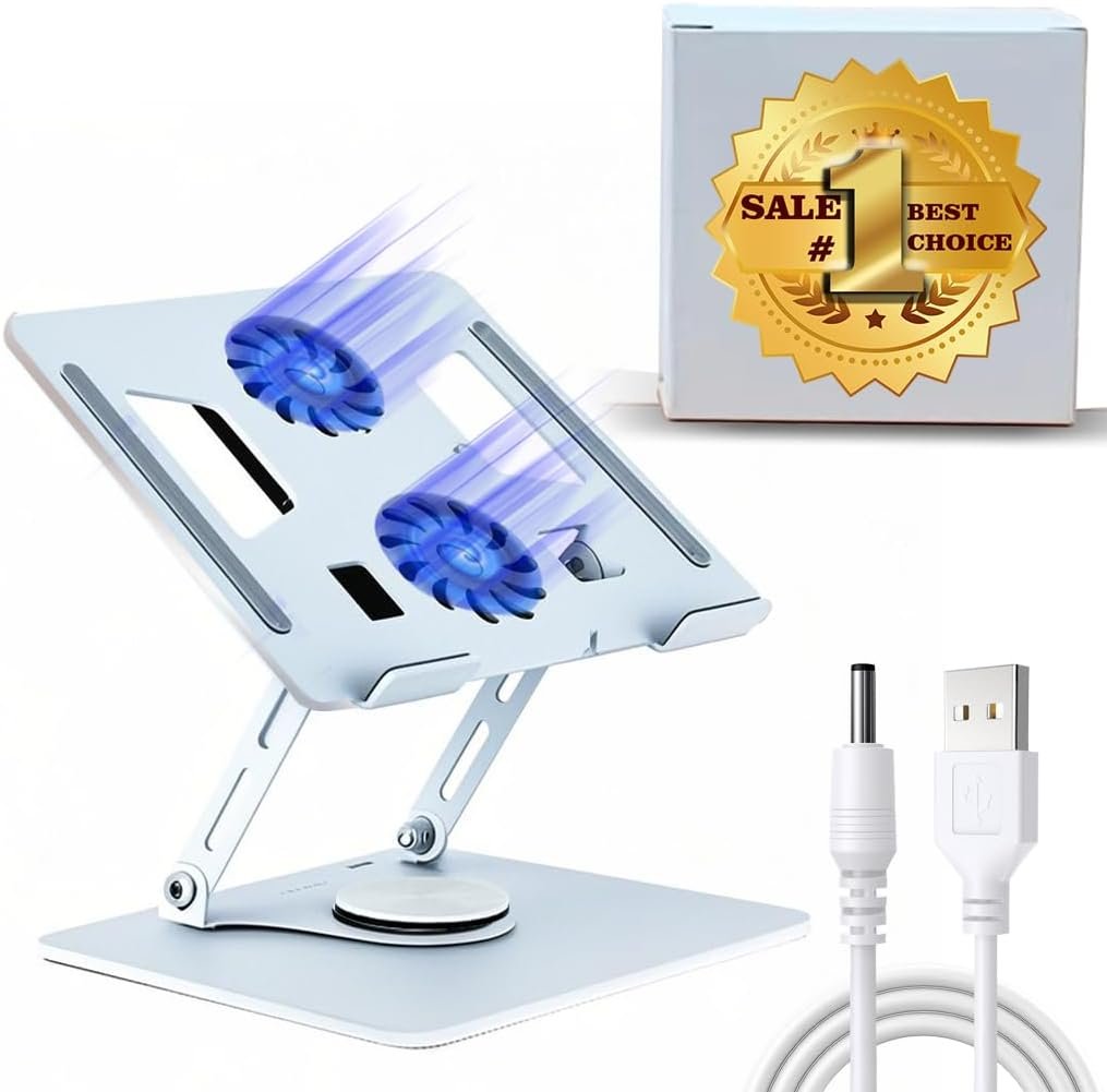 Adjustable Laptop Stand & Cooling Pad with Fan USB Hub Compatible with 10 to 15 Inches Notebook Computer, Ergonomic Computer Riser for Desk, Laptop Radiator-White