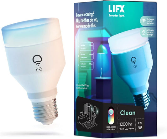 LIFX Clean A60 1200 lumens [E27 Edison Screw], Full Colour with Antibacterial HEV, Wi-Fi Smart LED Light Bulb, No bridge required, Compatible with Alexa, Hey Google, HomeKit and Siri.