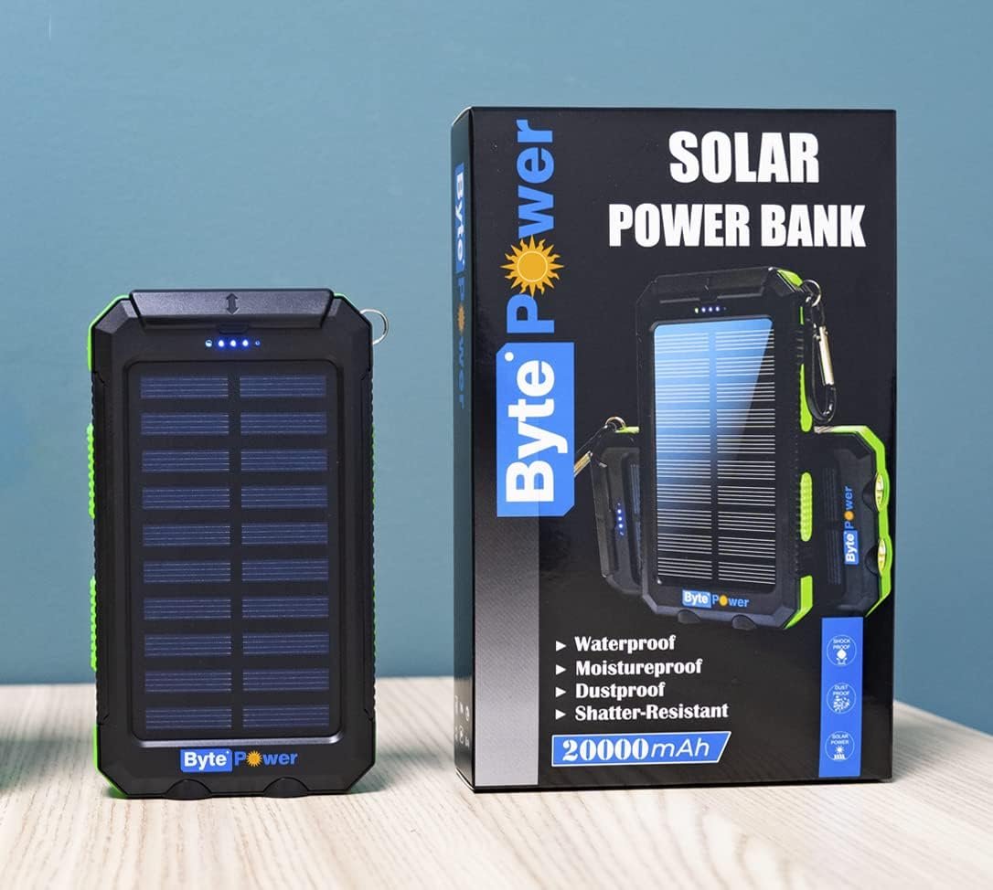 BytePower SolarCharger Power Bank 20000mAh, Portable Solar Pone Charger with Compass,Carabiner, Whistle,Flashlights,Solar Panel Charger,Camping Gear Accessory (Green)