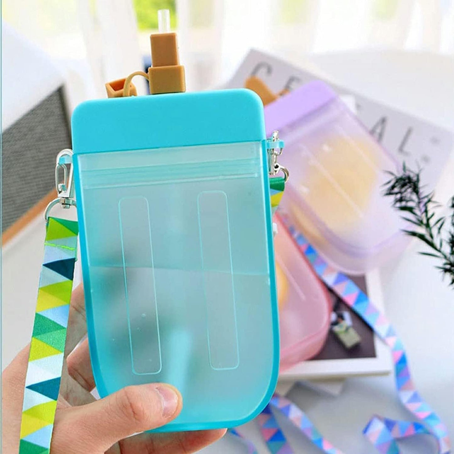 Popsicle Water Bottle with Strap, Creative Kawaii Water Bottle with Straw for Kids Transparent Water Jug Juice Drinking Cup Suitable for Camping Outdoor Travel Kids School 300ML