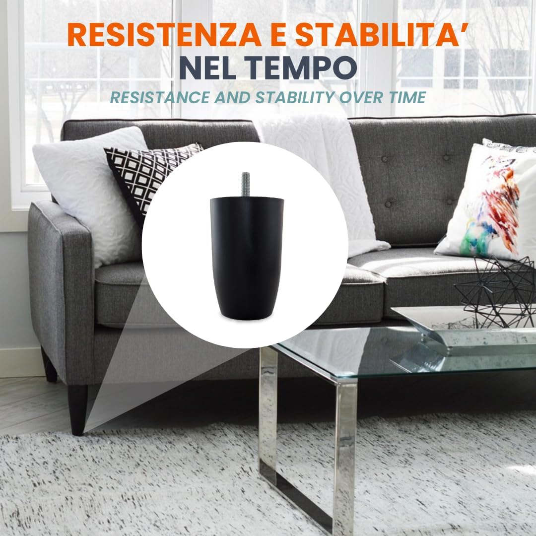 TENDAGGIMANIA Black PVC Sofa Bed Feet - Furniture Feet Height 12 cm - 1 Piece - Legs for Bed, Tables, Armchairs and Poufs Easy to Assemble