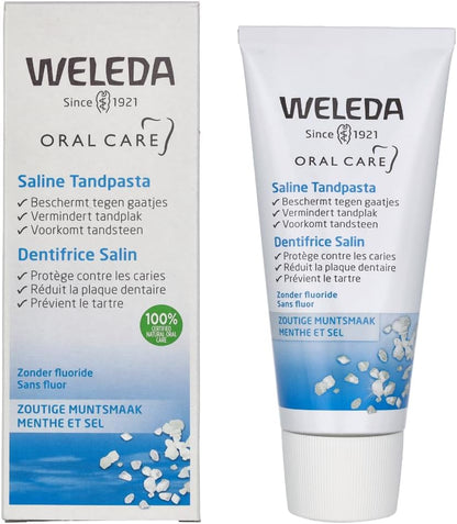 Weleda Saline Toothpaste, Fluoride Free Sea Salt Toothpaste, Neutralises Harmful Acids and Protects Against Caries and Plaques, 6 in 1 Treatment (1x75ml)