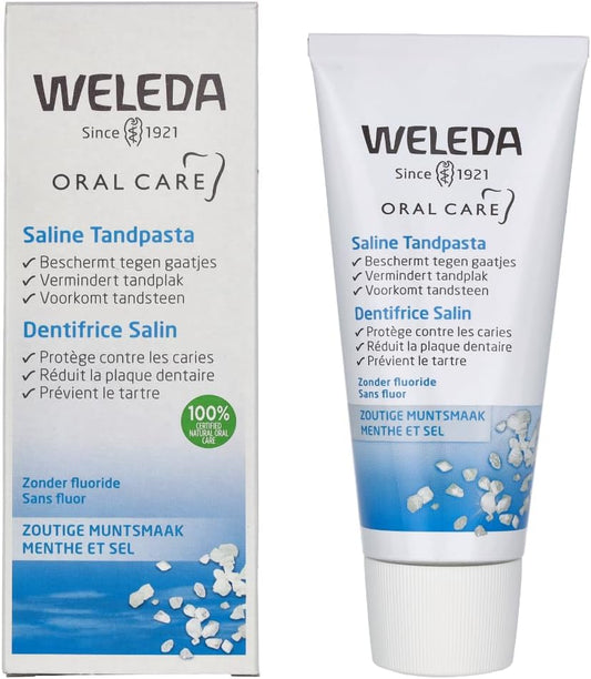 Weleda Saline Toothpaste, Fluoride Free Sea Salt Toothpaste, Neutralises Harmful Acids and Protects Against Caries and Plaques, 6 in 1 Treatment (1x75ml)