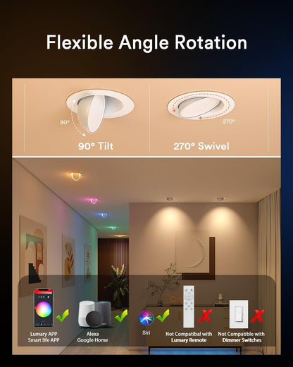 Lumary Smart Gimbal Recessed Lighting 4 Inch Pro, Dual-Controlled CCT Main & RGBAI Auxiliary WiFi LED Recessed Downlights, 270°+90° Adjustable Directional, Compatible with Alexa/Google, 4 Pack