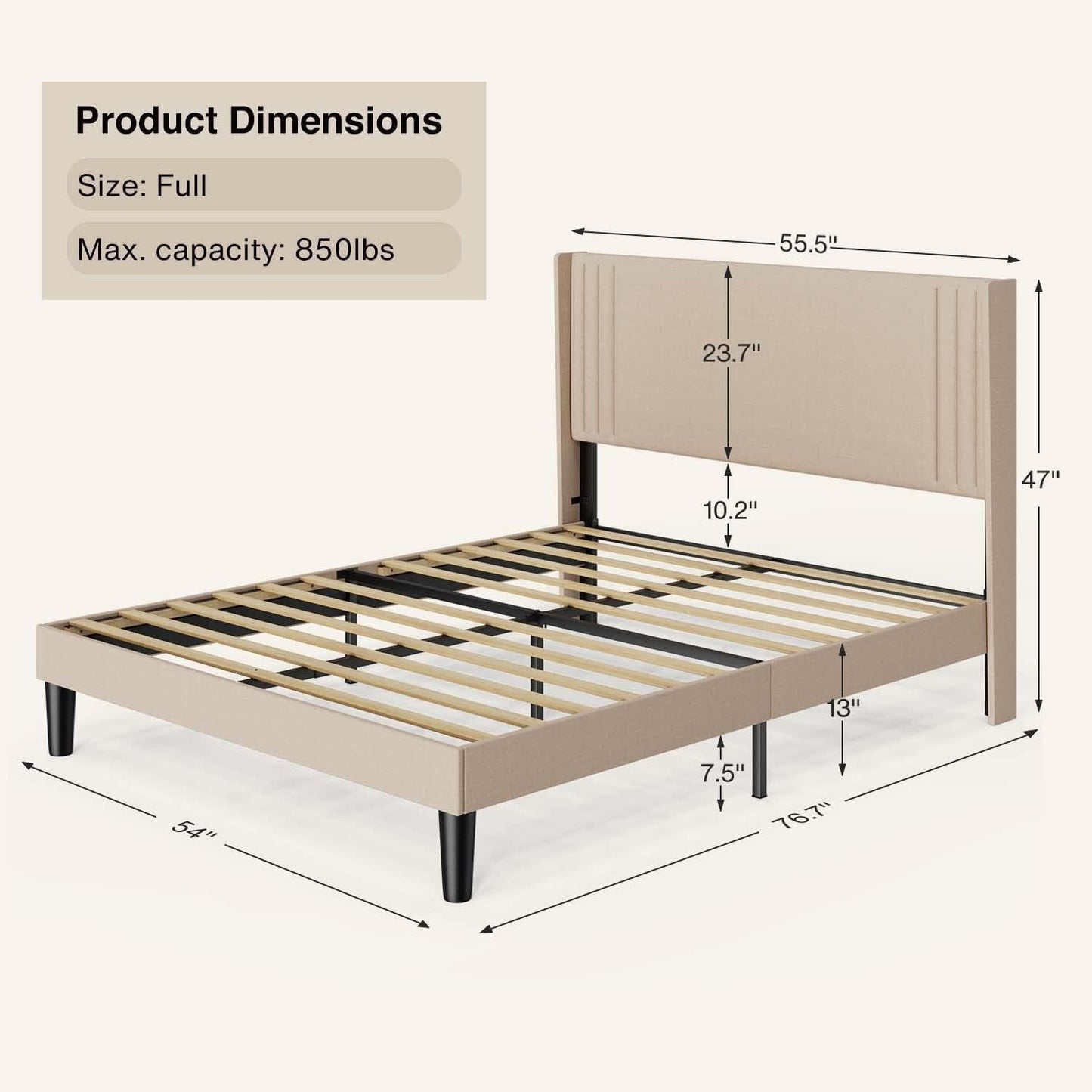Gizoon Full Bed Frame with Wingback Headboard, Upholstered Platform Bed with Modern Geometric Headboard, Wooden Slats, Noise-Free, No Box Spring Needed (Beige, Full)