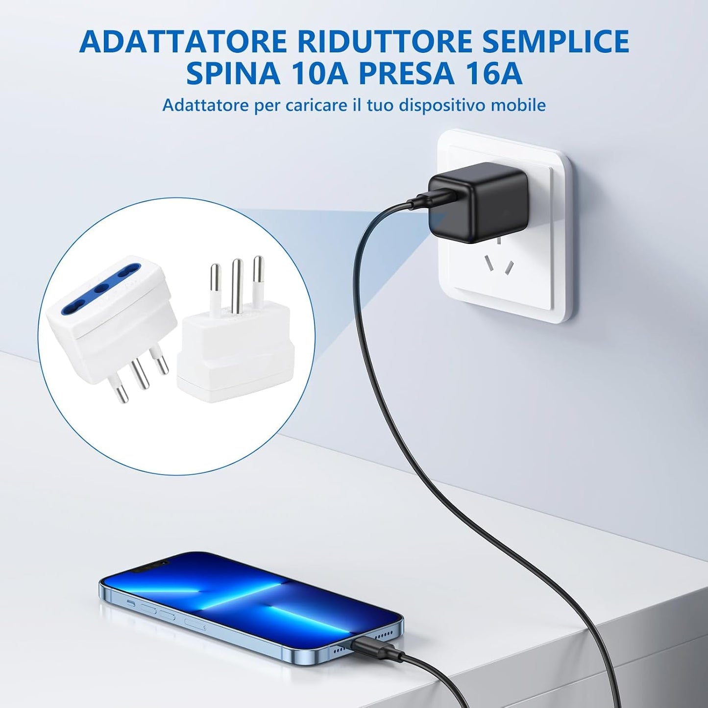 Fiotha 2 Pcs Simple Reducer Adapter 16A Plug 10A, 10A Plug Bypass Adapter, 10A Plug, Bypass Adapter Plug, with 10/16A Bivalent Socket to Small 10A Italian Plug, for Travel in Italy