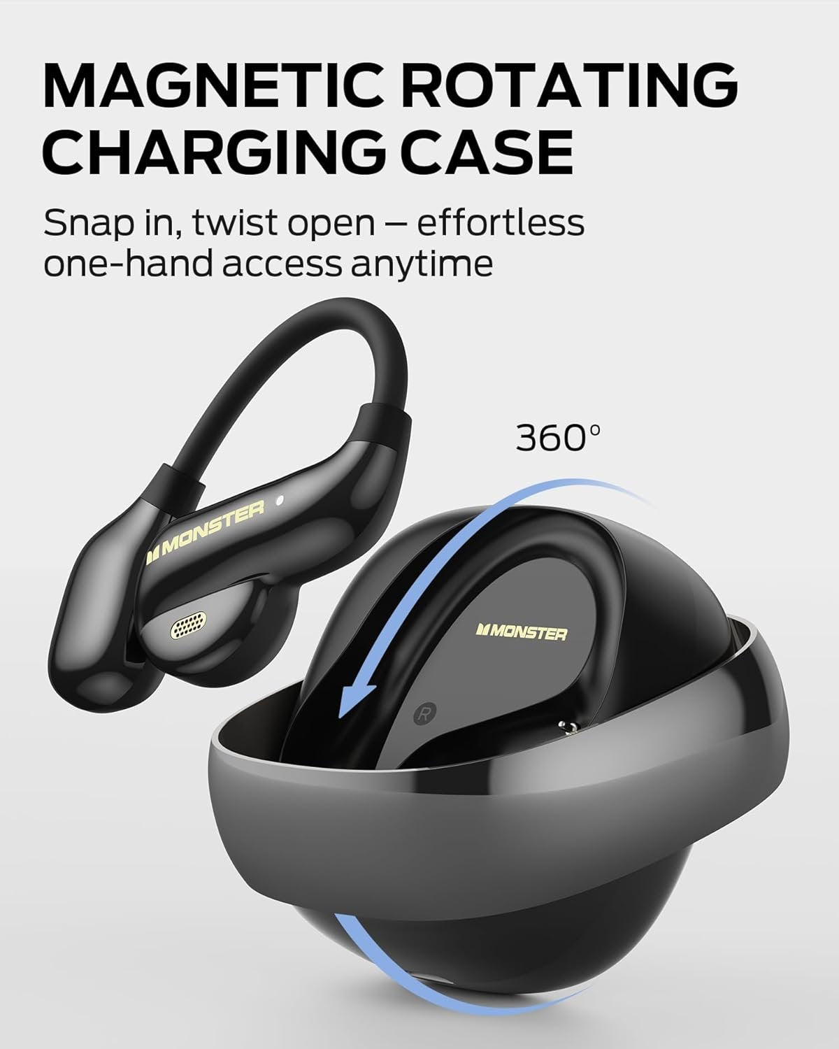 Monster Open Ear AC390 Headphones, Bluetooth 6.0 Earbuds with Stereo Sound, Wireless Headphones 24H Playtime, IPX5 Waterproof, Rotating Charging Case with Lanyard, Ultra-Light Open Ear Earbuds