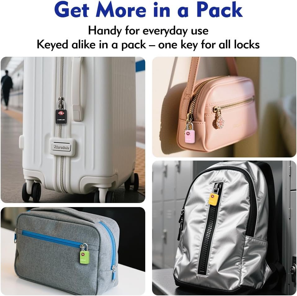 SURE LOCK TSA Approved Luggage Locks - One Key Opens All, Compact & Durable Zinc Alloy Travel Lock with Steel Shackle, Keyed Alike (Yellow 4 Locks, Mini Size for Suitcase/Backpack/Gym Locker)