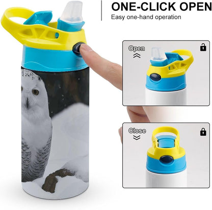 Stainless Steel Water Bottles Snow Owl Travel Water Cups with Handle And Silicone Straw Drinking Cup with Leak Proof Lid Thermo Travel Mug for Women Men
