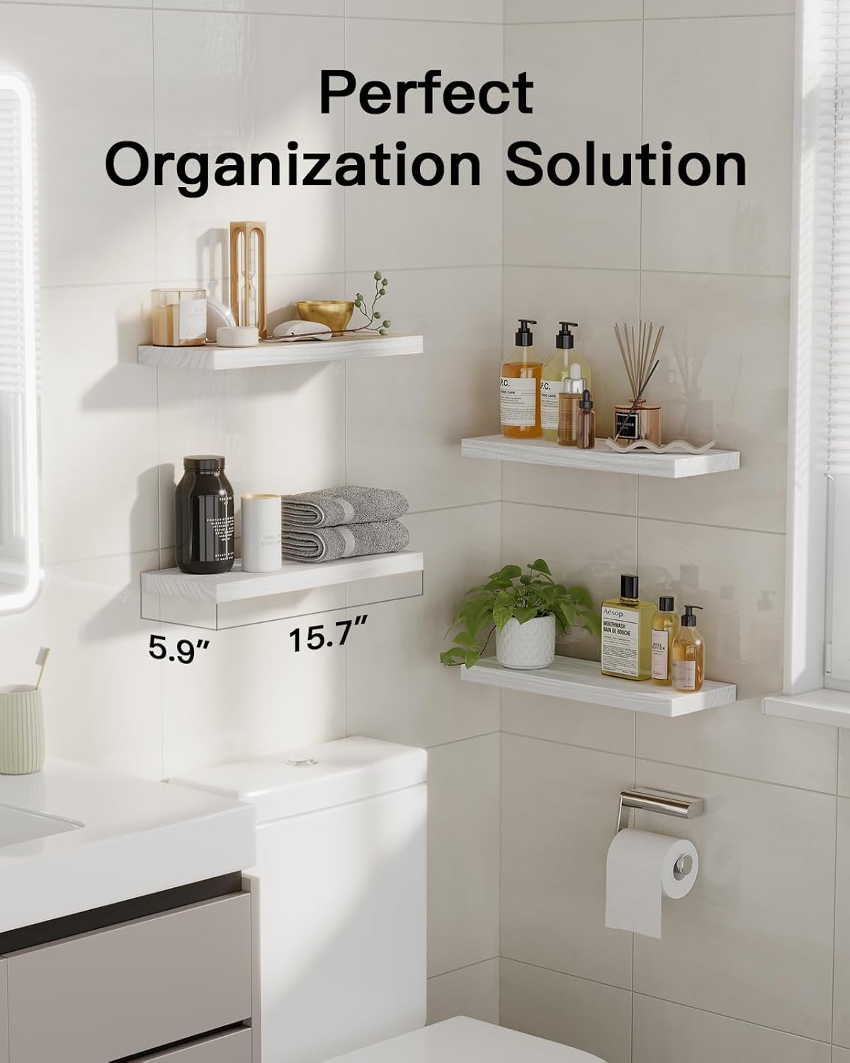 AMADA HOMEFURNISHING Floating Shelves, Paulownia Wood Wall Shelves for Bathroom/Living Room/Bedroom/Kitchen/Home Office, Natural Wood Floating Shelf for Home Storage & Organization, Set of 4, AMFS40W