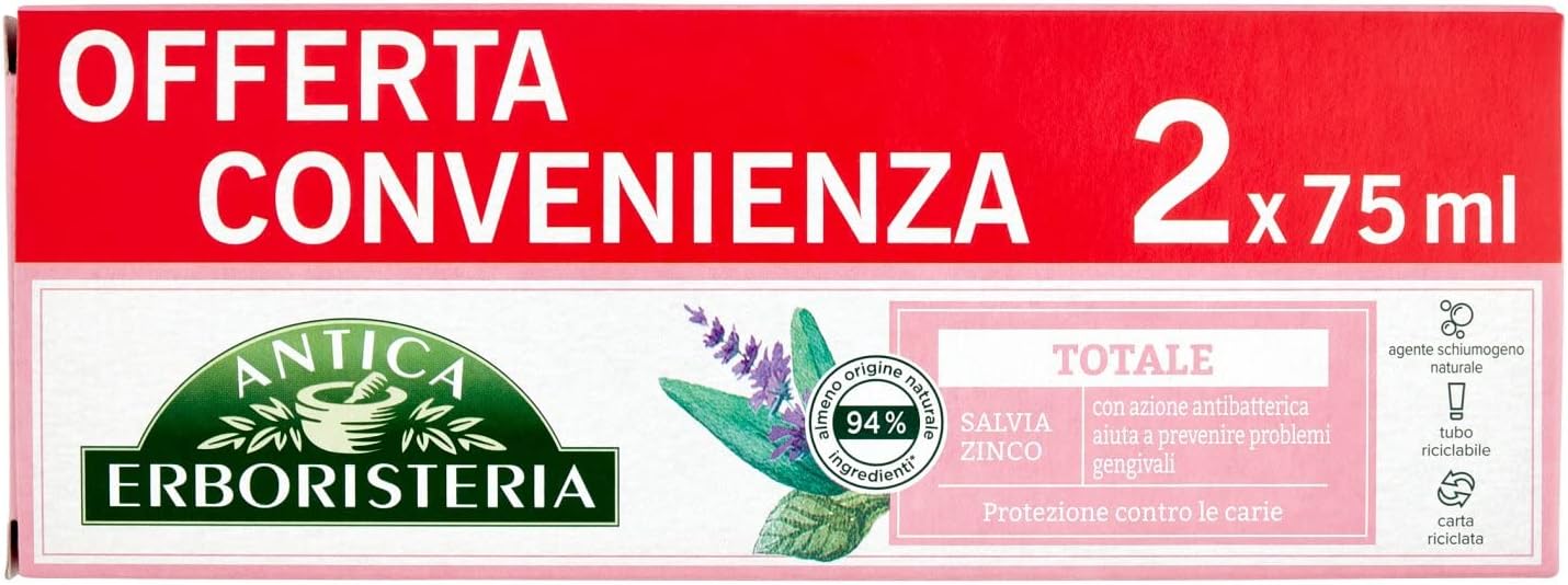 Antica Erboristeria - Total Toothpaste with Antibacterial Action, Prevents Gum Problems, Protection Against Caries, Sage and Zinc Taste - 75ml x 2
