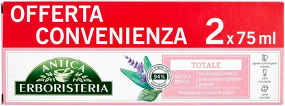 Antica Erboristeria - Total Toothpaste with Antibacterial Action, Prevents Gum Problems, Protection Against Caries, Sage and Zinc Taste - 75ml x 2