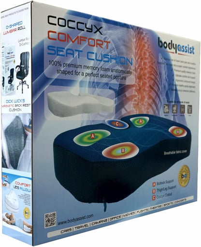 Bodyassist Coccyx Comfort Memory Foam Seat Cushion, Ergonomic Design, Breathable Cover, for Office, Travel and Home
