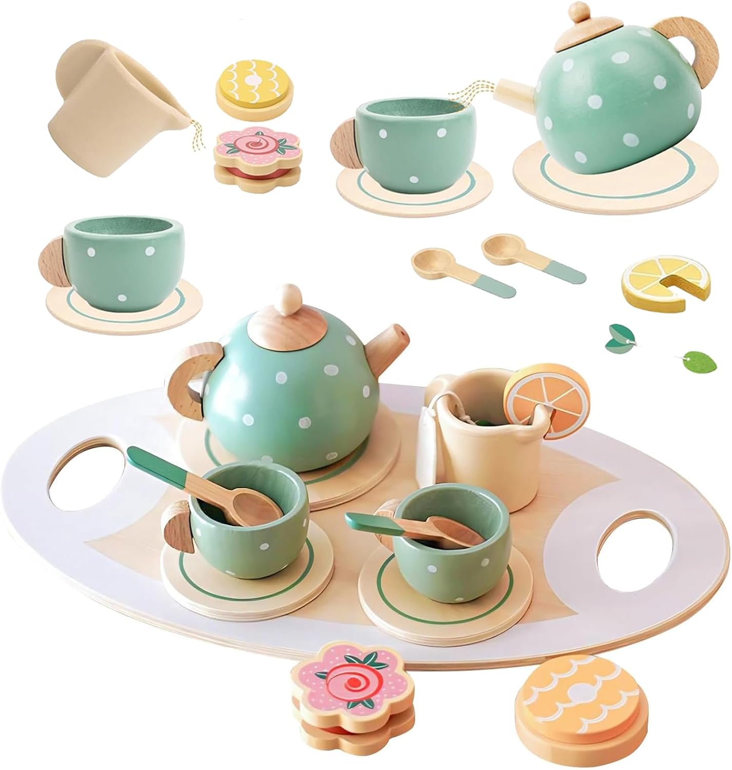 Wooden Tea Party Toys for Little Girls, Montessori Tea Time Pretend Play Toy for Kids Kitchen Sets Wooden Toys for 3 4 5 Year Old Girl Birthday Gift