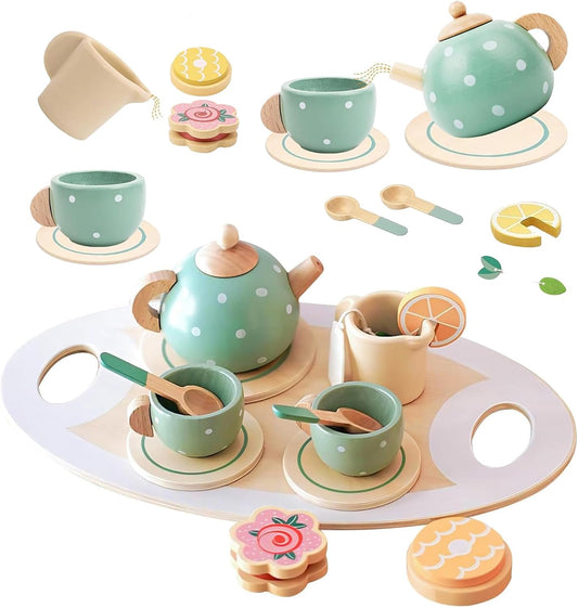 Wooden Tea Party Toys for Little Girls, Montessori Tea Time Pretend Play Toy for Kids Kitchen Sets Wooden Toys for 3 4 5 Year Old Girl Birthday Gift