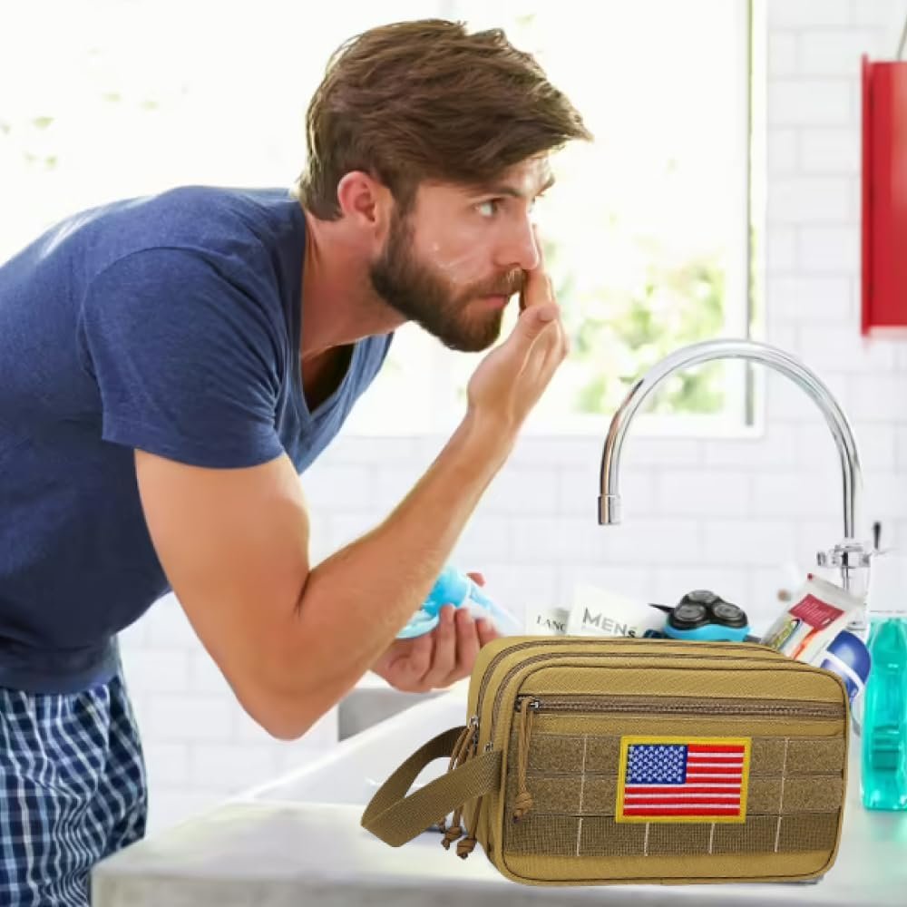 Tactical Toiletry Bag for Men Brown Polyester Travel Organizer Water-Resistant Dopp Kit with Compartments Durable Compact Shaving Bag with Large Capacity for Camping Military and Outdoor Use, Brown