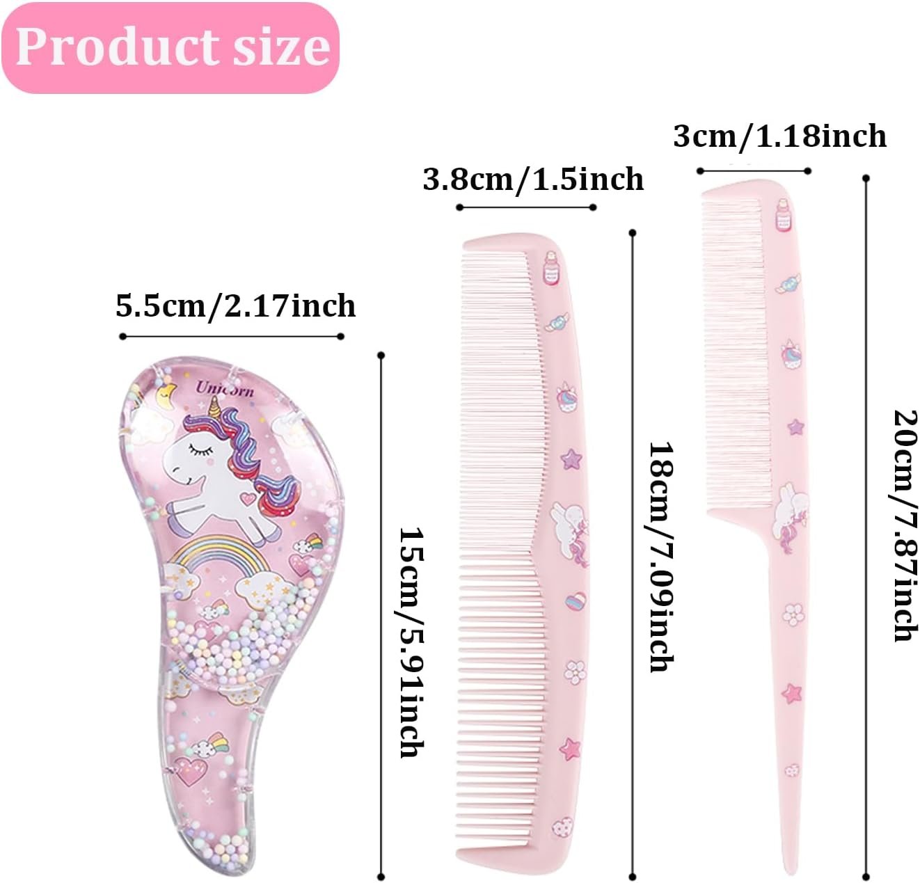 Shoyisenka 3 Pcs Cute Pink Unicorn Comb & Brush Set for Girls, Toddlers & Kids, Gentle Hairstyling Accessories for Straight, Curly & Thick Hair, All Purpose Hair Care Gift Set