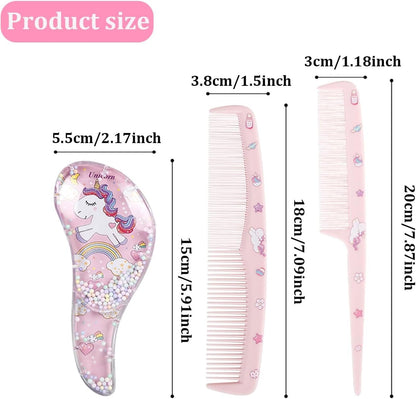 Shoyisenka 3 Pcs Cute Pink Unicorn Comb & Brush Set for Girls, Toddlers & Kids, Gentle Hairstyling Accessories for Straight, Curly & Thick Hair, All Purpose Hair Care Gift Set