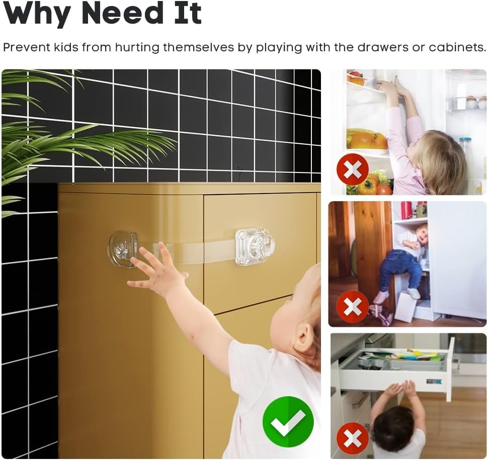 EUDEMON 3 Pack Child Safety Locks, Childproof Strap Locks for Drawers, Fridges, Toilets, Cupboards, Ovens, Cabinets, Multi Use Baby Cabinet Latches, Easy to Install, No Drilling (Transparent)
