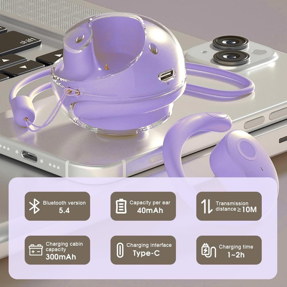 Sonicefit Wireless Hanging Earbuds Bluetooth 5.4 Headphones, Waterproof Bass Stereo Open Earbuds Bluetooth Noise Cancellation Over Earbuds Headsets Wireless Earbuds for Workout,Running (Purple)