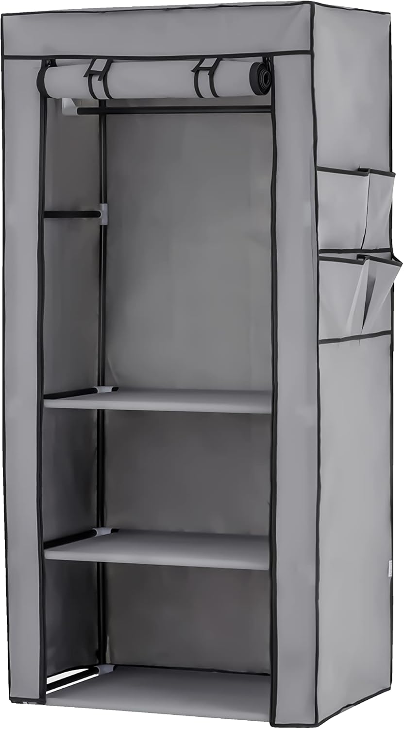 Baroni Home Folding Fabric Closet, Space-Saving Folding Furniture with Iron Frame for Bedroom, Walk-in Closet, Grey, 3 Shelves, 1 Clothes Rail, 70 x 46 x 148 cm