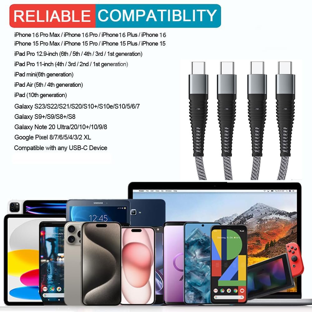 Aywenny Multi Charging Cable 2Pack 4FT Nylon Braided Universal 4 in 1 Multiple USB Cable 3A,with 4 USB-C Port Adapter,Compatible with Cell Phones Tablets Universal Use for Galaxy S22 S20 S9 (Grey)