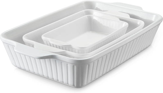 DOWAN Casserole Dishes for Oven, Baking Dishes Set, Ceramic Bakeware Sets of 3, Lasagna Pan Deep, Rectangular Baking Pan Set with Handles for Baking, Casserole, Kitchen, Wedding Gift, White