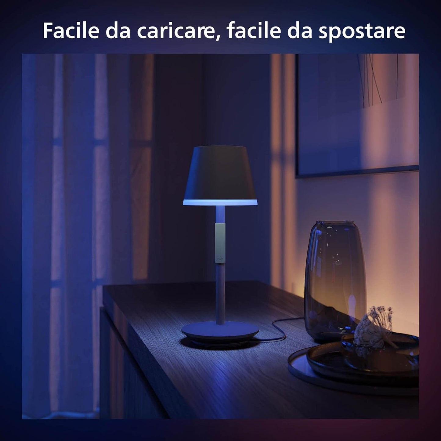 Philips Hue Go Smart Portable Table Lamp [Downlight - Black] White & Colour Ambiance LED with Bluetooth. for Home Indoor Lighting, Bedroom, Livingroom, Diningroom, Office. Compatible with Alexa