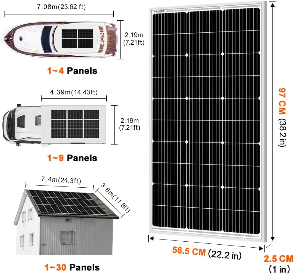 DOKIO Solar Panel 100 Watt 18 Volt Monocrystalline PV Module Power Charger for RV Marine Rooftop Farm Battery and Other Off-Grid Applications Single