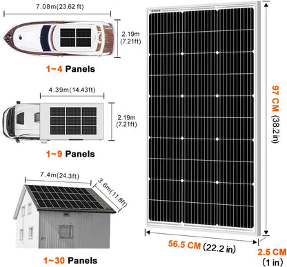 DOKIO Solar Panel 100 Watt 18 Volt Monocrystalline PV Module Power Charger for RV Marine Rooftop Farm Battery and Other Off-Grid Applications Single