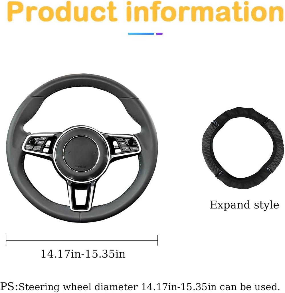 Osilly Bling Car Steering Wheel Cover, 15 Inch Rhinestones Soft Leather Elastic Steering Wheel Protector, Sparkly Crystal Diamond for Women Girls, Car Interior Accessories for Most Cars (Black)