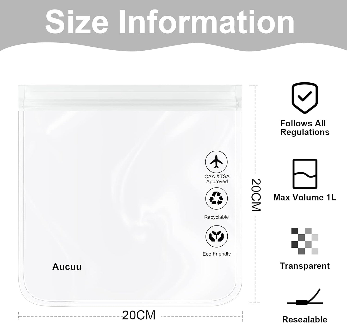 Aucuu Travel Liquid Pouches, 20 x 20 cm Airplane Liquid Bags, Transparent Travel Bags, Airplane Transparent Waterproof Sachets, Portable Makeup for Travel Holiday, #6 White-2 Pieces