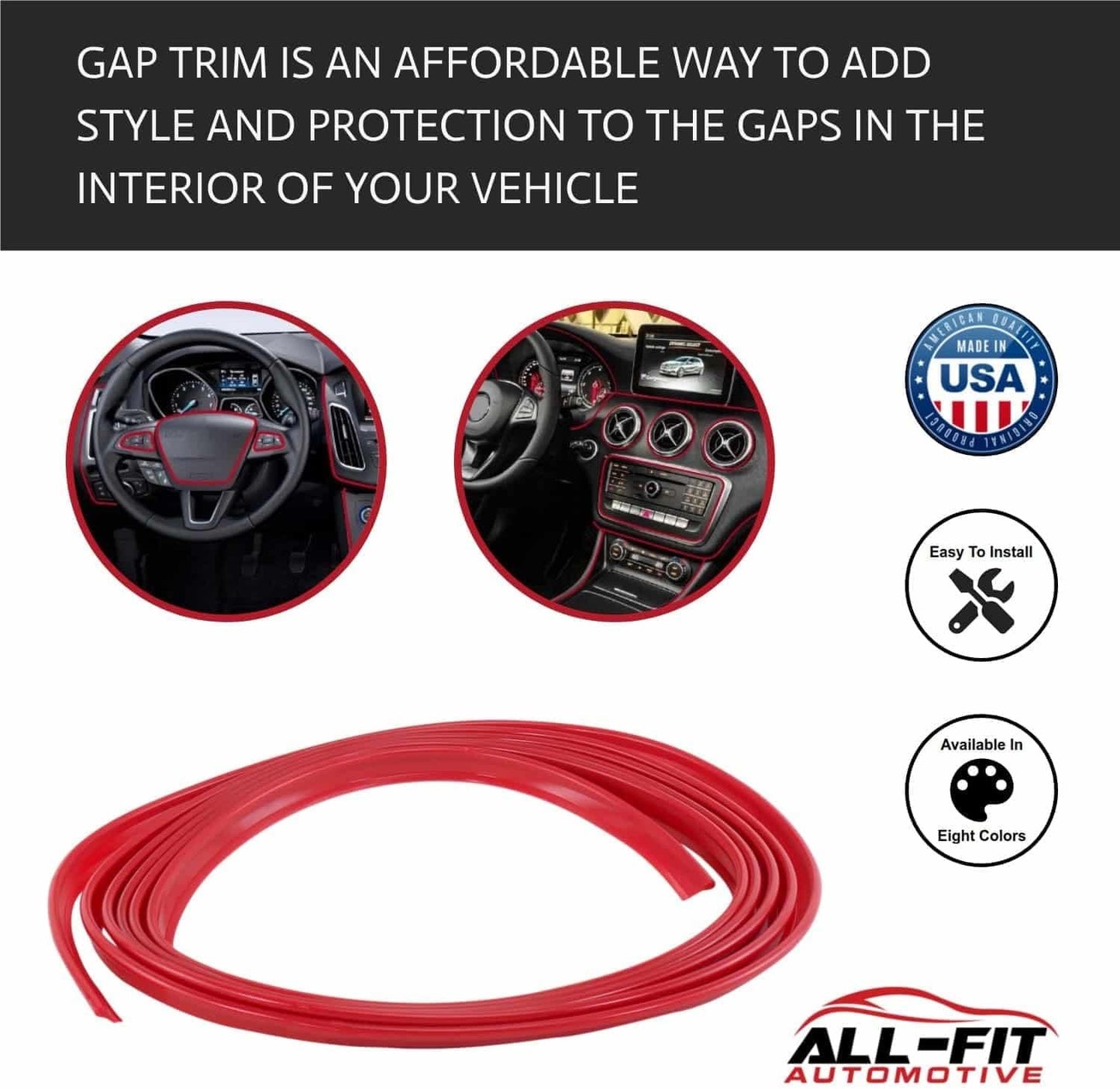 All-Fit Automotive Car Gap Filler â€“ 10 Ft Red Trim Molding for Car Accessories Interior â€“ Universal, Flexible Car Interior Accessories for Dashboards, Panels, & Air Vents â€“ Easy DIY Installation