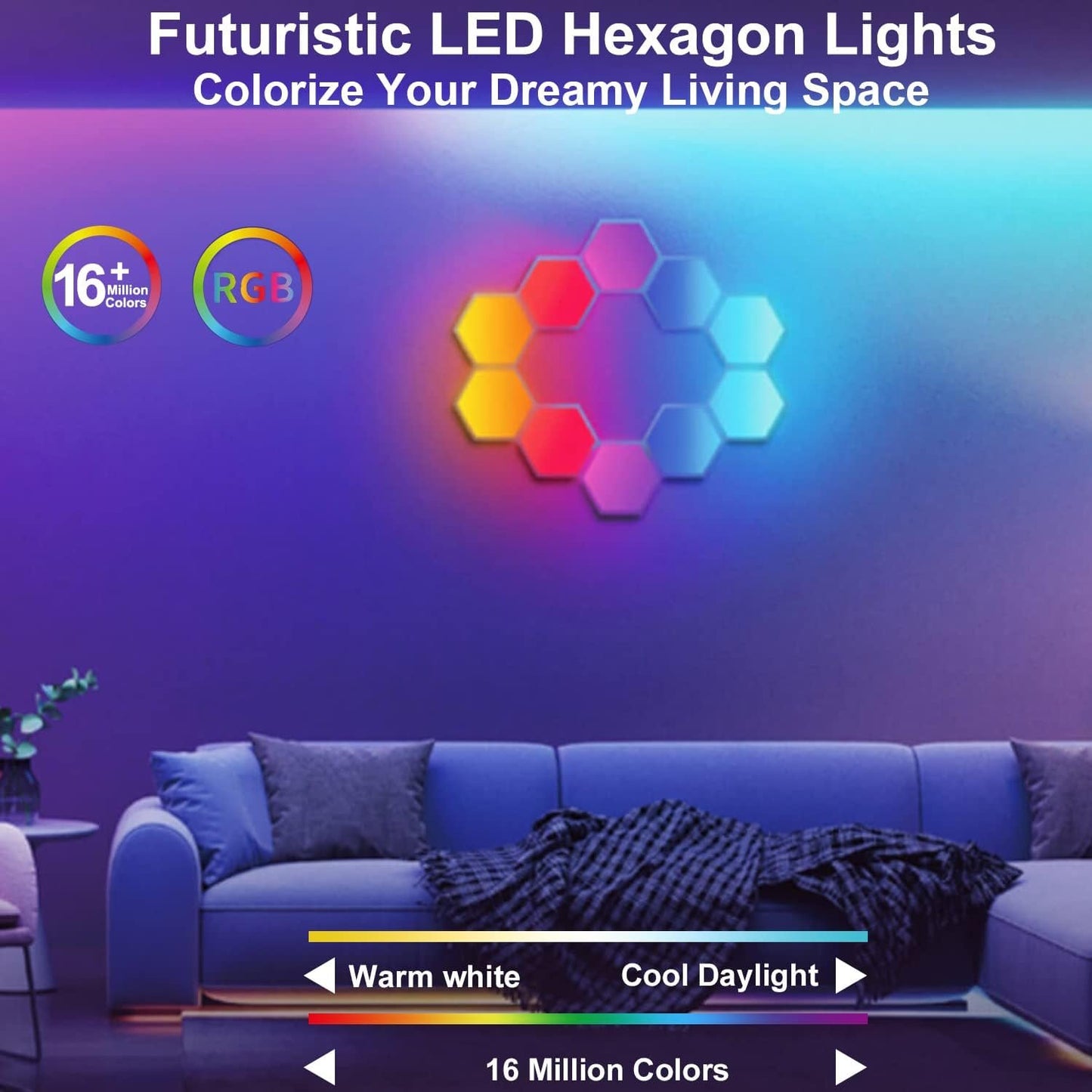 LED Hexagon Lights, Smart Hexagon Wall Lights App Control, LED Light Panels Gaming Lights for Wall, Music Sync, DIY Geometry RGB Room Lights for Gaming Room Living & Bedroom Streaming, 7 Panels