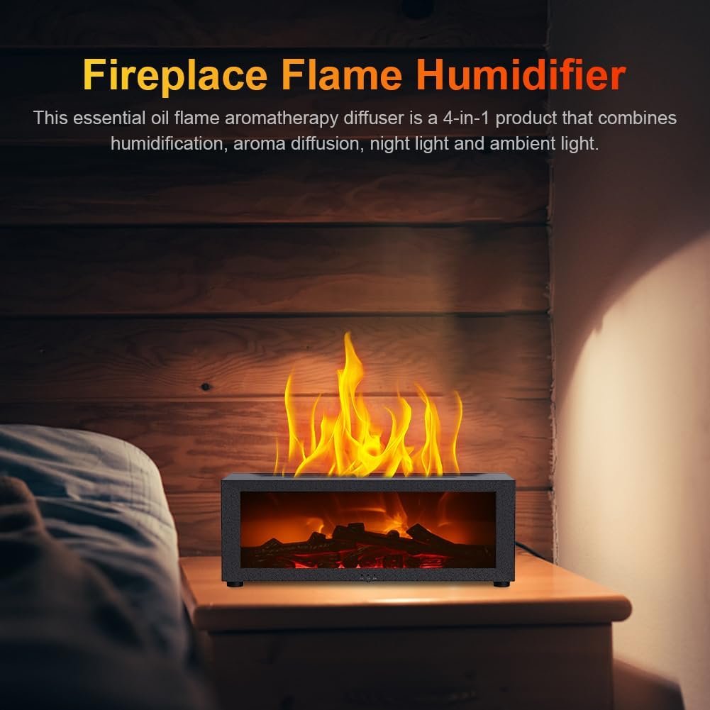 Fireplace Diffuser, Flame Fireplace Essential Oil Diffuser, 150ML Ultrasonic Cool Mist Humidifier with Remote Control and 7 Colors Light, 3D Fireplace-Style Humidifier for Home, Room (Black)
