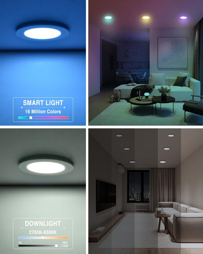 6Pack Smart led RGB Recessed Lighting 6Inch,Color Changing Canless LED Downlight with Remote Control,2700K-6500K,2.4GHz Wi-Fi Bluetooth 12W 1200lm,Work with Tuya App,Alexa & Google Assistant